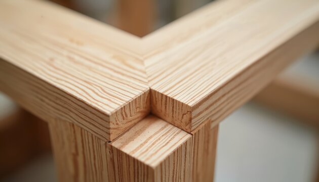 Wooden corner joint close up with visible grain texture. Perfect joinery for furniture making, carpentry projects, and home decor inspiration.