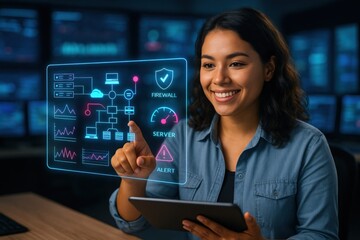 Cybersecurity analysis session data center digital interface high-tech environment engaging viewpoint technology awareness