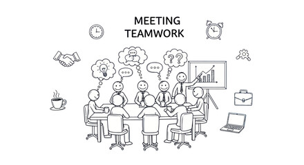 Hand-drawn sketch of a business meeting with people collaborating discussing ideas and presenting.