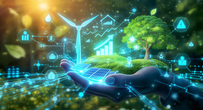 Digital technology and renewable energy concepts integrated with nature and human hand - Powered by Adobe