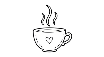 A cute hand-drawn doodle of a steaming hot coffee or tea cup with a small heart design.