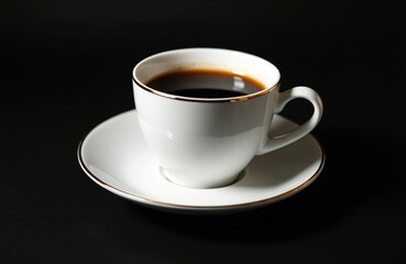 Obraz premium Hot black coffee in white elegant cup with gold rim on saucer. Fresh espresso drink in porcelain mug isolated on dark black background. Classic morning beverage provides energy, perfect for breakfast