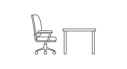 Simple line art illustration of an office chair and desk.