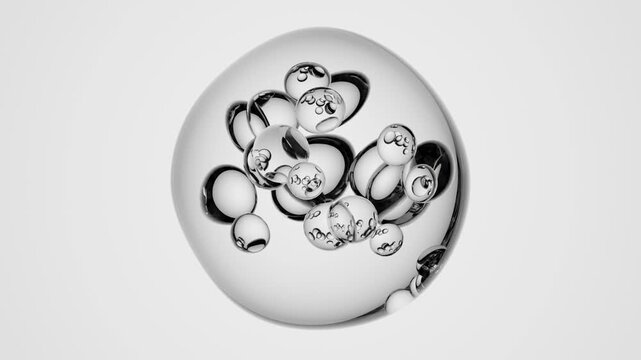 Abstract 3D floating transparent cells with white core particles hovering over polished reflective ground, seamless loop animation ideal for molecular design, cosmetic branding, and futuristic visuals