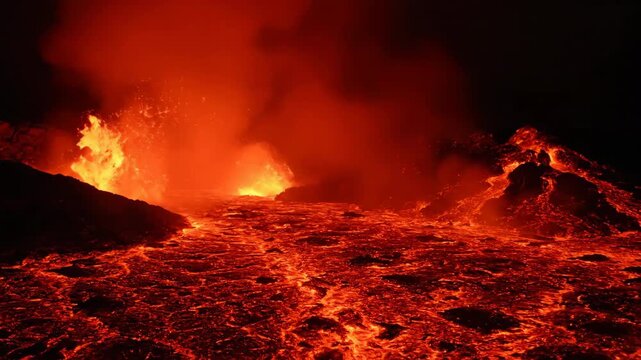 Molten lava flows slowly and intensely, creating a mesmerizing pattern of orange and red cinematic, red, mesmerizing pattern