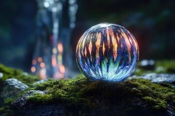 A luminous glass orb rests on moss, near a blurred waterfall, glowing with vibrant, multicolored patterns.