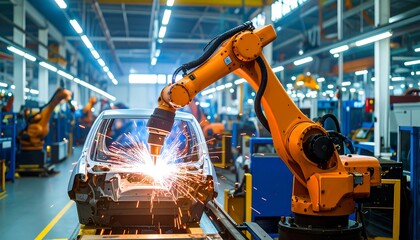 Industrial robot arm welding a car body on a factory floor in a bright workshop