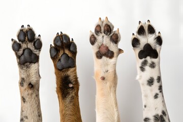 Close-up of dog paws with different colored fur against a white surface, animal anatomy and pet care concept