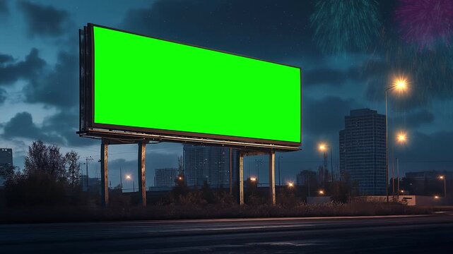 Green Screen Billboard Mockup at Night in City, Urban Advertising Display 4K