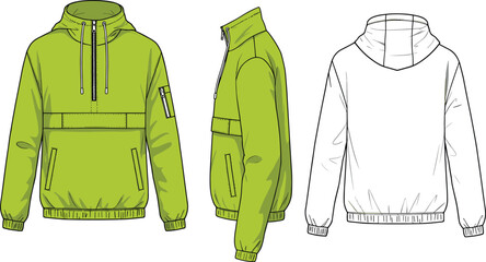 Pullover windbreaker jacket flat sketch, anorak half zip hoodie CAD, kangaroo pocket fashion template, front side back view, vector apparel design © Hasem Creative