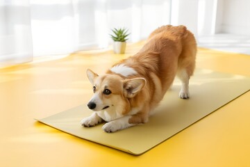 Corgi dog stretching on yellow sports mat, playful pet yoga or morning exercise concept