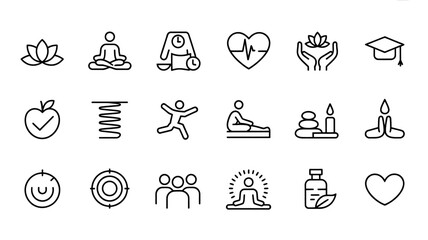 Collection of wellbeing and healthcare line icons representing a healthy lifestyle and holistic wellness practices and personal development