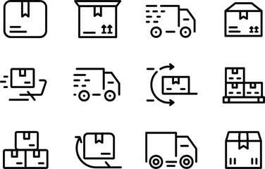 Shipping and delivery editable stroke icon set, parcel box truck vector, logistics transport service line art, courier package distribution symbols collection