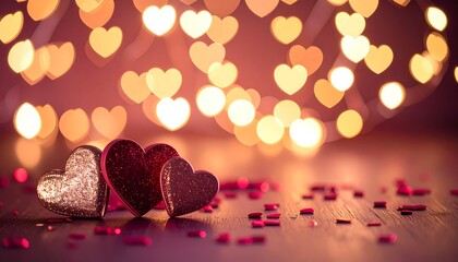 Heart-shaped bokeh lights glow against a reddish-purple backdrop creating a warm ambiance