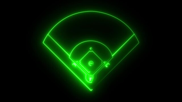 baseball field icon animation on black background .futuristic digital icon video of a high-tech baseball field .4k motion graphics .