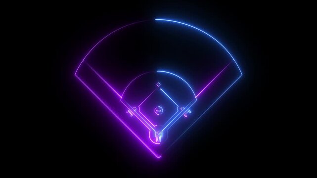 baseball field icon animation on black background .futuristic digital icon video of a high-tech baseball field .4k motion graphics .