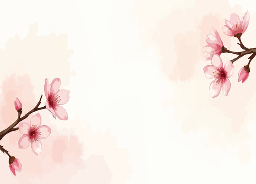 Delicate hand-drawn watercolor with blooming sakura flowers