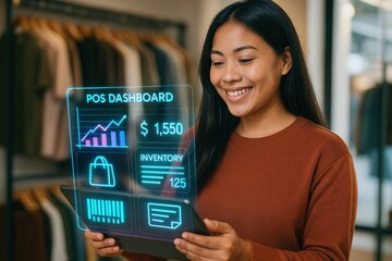 Retail technology innovation young woman analyzing pos dashboard in store environment engaging with inventory data modern retail space