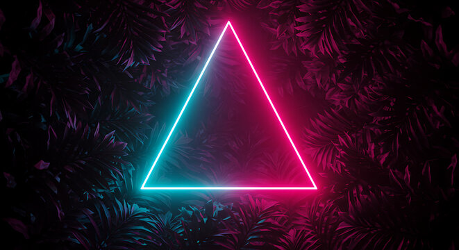 Floating neon triangle above tropical leaves in deep pink and cyan tones, surreal glowing atmosphere, futuristic concept