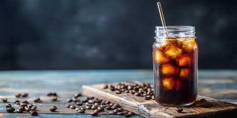 Refreshing iced coffee served in glass jar with straw and coffee beans on wood board.