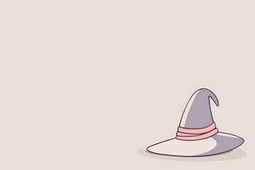 A simple illustration of a purple witch hat with a pink band. The background is light and neutral, emphasizing the hat's design. Halloween, copy space