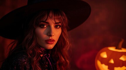 Portrait of a beautiful and mysterious witch in a dark halloween atmosphere with a pumpkin.