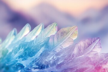Close-up of iridescent ice crystals forming delicate, feather-like structures.