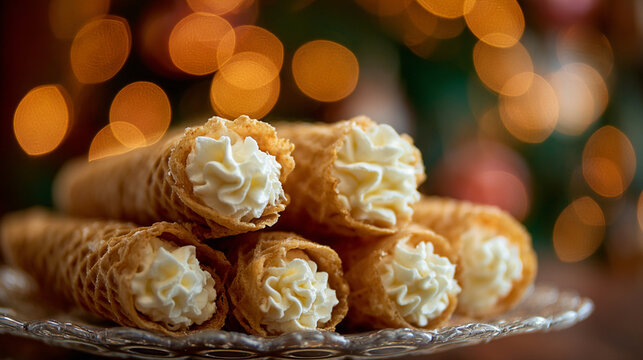 Tray of Krumkake (thin waffle cookies) in crisp focus, rolled and filled with whipped cream