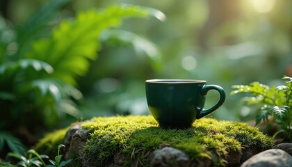 Green coffee cup sits on mossy rocks in rich garden plants. Sunlight filters through leaves creating a tranquil natural scene. Perfect for eco themes.