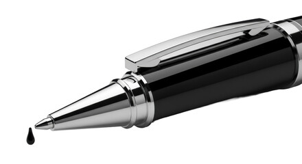 Sleek black ballpoint pen, high-gloss acrylic, silver chrome, extended tip with black ink bead, on transparent, extreme macro studio shot, concept of precision, readiness