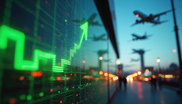 Green upward graph on digital screen overlaying blurry airport scene with planes in sky. Global finance and aviation growth concept, air transport market trends.