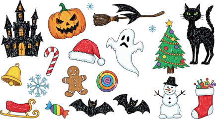 Vector art of collection of handdrawn holiday and halloween icons, including a pumpkin, ghost, and christmas tree