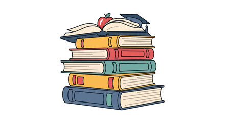 Stack of Colorful Books with Apple and Graduation Cap Illustration.