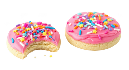 Two pink frosted cookies with sprinkles isolated on transparent background