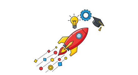 Red Rocket Launching with Idea Gear and Graduation Cap.