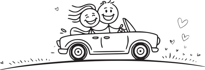 Obraz premium Love on the Road: A joyful cartoon couple embarks on a romantic journey in a classic convertible, hearts and wind symbolizing love's breezy essence, encapsulating the thrill of freedom.