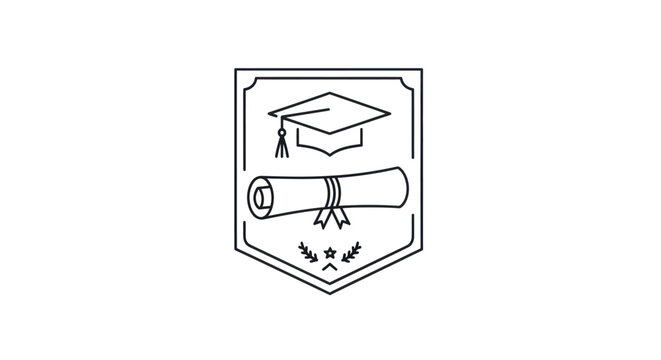 Black Outline Graduation Emblem with Academic Cap Diploma Scroll and Laurel Wreath.