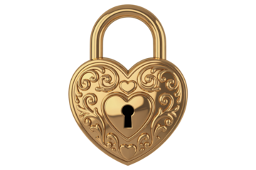 Elegant heart shaped gold padlock, beautifully detailed with intricate scrollwork, perfect for Valentine's Day designs, love themes, and secure romance concepts