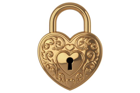 Elegant heart shaped gold padlock, beautifully detailed with intricate scrollwork, perfect for Valentine's Day designs, love themes, and secure romance concepts