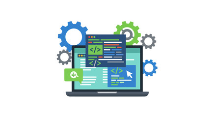 Laptop displaying code with surrounding gears symbolizing software development and engineering.