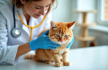 Veterinarian with stethoscope checks ginger cat health in clinic. Professional woman in uniform examines small pet. Vet helps animal with care and medicine.