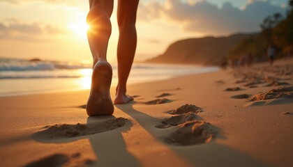 Bare feet walk along sandy shore at sunset. Golden light illuminates footprints left on beach. Woman enjoys peaceful stroll near ocean waves, embracing nature beauty. Serene coastal scene evokes