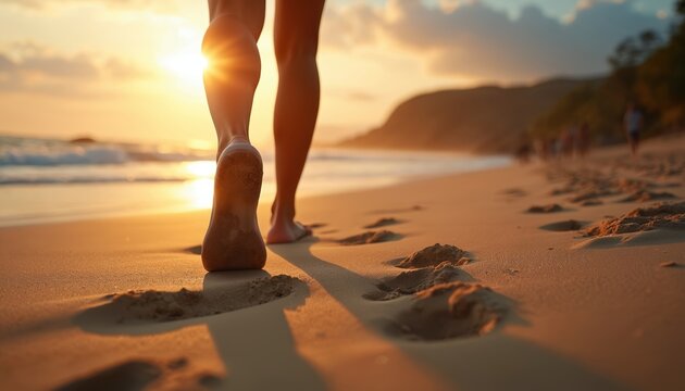 Bare feet walk along sandy shore at sunset. Golden light illuminates footprints left on beach. Woman enjoys peaceful stroll near ocean waves, embracing nature beauty. Serene coastal scene evokes