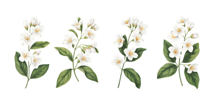 Jasmine flower branches with green leaves in watercolor. jasmine blossoms isolated botanical floral set.
