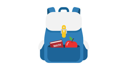 Blue Backpack with School Supplies: Books and Apple.