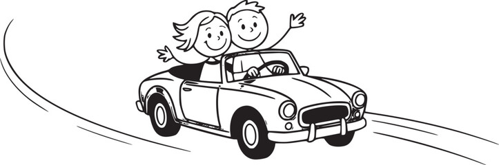 Fototapeta premium Couple's Joyride: A playful monochrome illustration of a couple enjoying a convertible ride, embracing the open road and freedom.