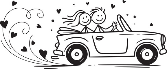 Obraz premium Love's Journey in Convertible: A stick figure couple embarks on a romantic adventure in a charming convertible car, their love symbolized by a trail of whimsical hearts that trails behind them.