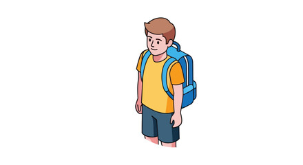 Cartoon Boy with Backpack Standing and Looking Away.