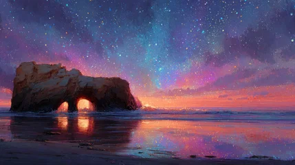 Wanddecoratie Reflectie A breathtaking coastal scene at sunset, featuring a rock arch, vibrant colors, and a starry night sky reflected in the tranquil water.  © Aril