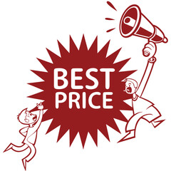 Red starburst badge with people and megaphone vector